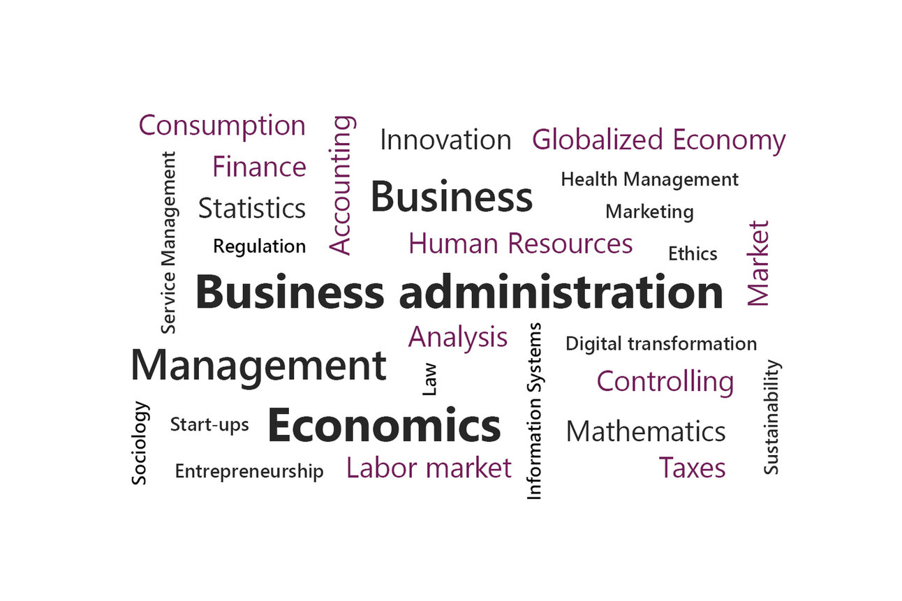 Infografik: Eine Wortwolke mit Begriffen aus der Wirtschaft wie 'Business administration', 'Economics', 'Management', 'Finance', 'Innovation' und 'Human Resources'. Die Begriffe sind in verschiedenen Größen dargestellt, um ihre Bedeutung zu betonen.