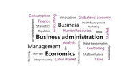 Infografik: Eine Wortwolke mit Begriffen aus der Wirtschaft wie 'Business administration', 'Economics', 'Management', 'Finance', 'Innovation' und 'Human Resources'. Die Begriffe sind in verschiedenen Größen dargestellt, um ihre Bedeutung zu betonen.