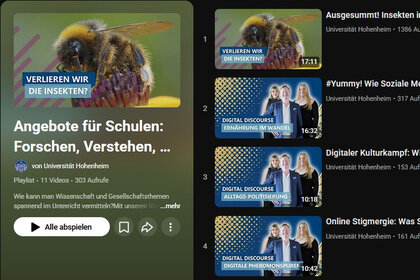 Screenshot: Eine Playlist der Universität Hohenheim mit Videos zu Themen wie Insektenkrise, Ernährung und digitalem Diskurs. Titel wie 'Ausgesummt! Insekten in der Krise' und '#Yummy! Wie Soziale Medien unsere Ernährung verändern' sind sichtbar.