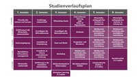 Infografik: Der Studienverlaufsplan zeigt Kurse über sechs Semester mit jeweils 6 Credits. Kurse umfassen Themen wie Rechnungslegung, Marketing und Zivilrecht. Im 6. Semester ist eine Bachelorarbeit mit 12 Credits vorgesehen. Ein Workplace Learning mit 3 Credits ist ebenfalls enthalten.