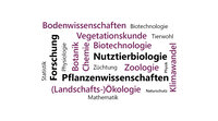 Infografik: Eine Wortwolke mit Begriffen wie "Vegetationskunde", "Klimawandel", "Züchtung", "Naturschutz", "Zoologie", "Biotechnologie", "Nutztierbiologie", "Bodenwissenschaften", "Pflanzenwissenschaften", "Botanik", "Chemie", "Mathematik", "Forschung", "Physik", "Physiologie", "Tierwohl".