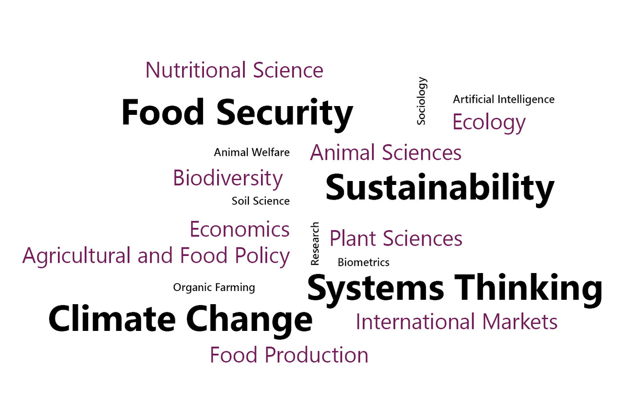 Infografik: Eine Wortwolke mit Begriffen wie Ernährungssicherheit, Nachhaltigkeit, Klimawandel, Biodiversität, Agrarpolitik, Pflanzwissenschaften und mehr. Die Wörter variieren in Größe und Farbe, um ihre Bedeutung zu betonen.