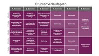 Infografik: Der Studienverlaufsplan zeigt Module für sechs Semester mit jeweils 6 Credits. Themen umfassen Sustainability, Mikroökonomie, Bioökonomie, Unternehmensrechnung, Datenanalyse und mehr. Im 6. Semester sind Praktikum oder Wahlmodule und die Bachelorarbeit vorgesehen.