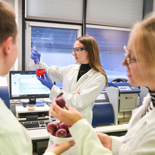Foto: Drei Personen in Laborkitteln arbeiten in einem Labor. Eine Person hält einen Kolben mit roter Flüssigkeit, während eine andere Person eine Schale mit roten Zwiebeln hält. Im Hintergrund ist ein Computerbildschirm sichtbar.