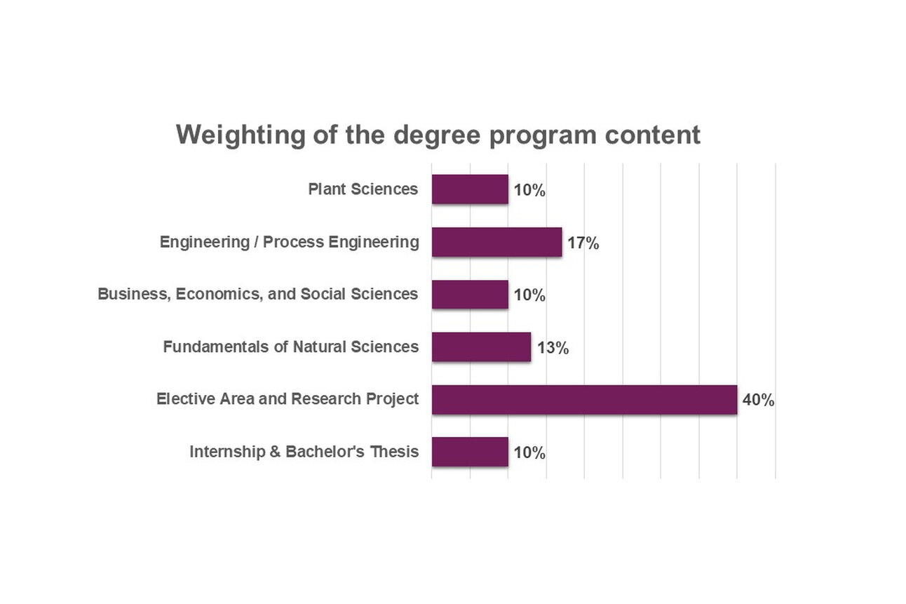 Infografik: Ein Balkendiagramm zeigt die Gewichtung der Studieninhalte. Pflanzenwissenschaften 10%, Ingenieurwesen/Verfahrenstechnik 17%, Wirtschaft und Sozialwissenschaften 10%, Naturwissenschaften 13%, Wahlbereich und Forschungsprojekt 40%, Praktikum und Bachelorarbeit 10%.