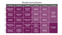 Infografik: Der Studienverlaufsplan zeigt Module für sechs Semester mit jeweils 6 Credits. Themen umfassen Digital Business Management, Künstliche Intelligenz, Programmierung und Wirtschaftsmathematik. Im 6. Semester sind ein Praktikum oder Wahlmodule sowie eine Bachelorarbeit vorgesehen.