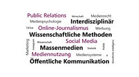 Infografik: Eine Wortwolke mit Begriffen wie "Öffentliche Kommunikation", "Massenmedien", "Wissenschaftliche Methoden", "Social Media", "Online-Journalismus", "Public Relations", "Interdisziplinär", "Mediennutzung", "Medienpsychologie", "Medienrecht", "Marketing", "Wirtschaft", "Werbung", "Statistik", "Politik", "Künstliche Intelligenz", "TikTok", "Instagram", "Wissenschaft", "Mediensysteme".