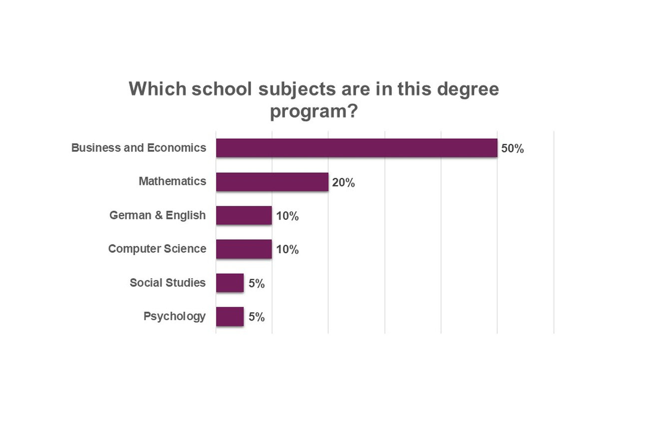 Infografik: Ein Balkendiagramm zeigt die Verteilung der Schulfächer in einem Studienprogramm. Wirtschaft und Wirtschaftswissenschaften 50%, Mathematik 20%, Deutsch & Englisch 10%, Informatik 10%, Sozialkunde 5%, Psychologie 5%.