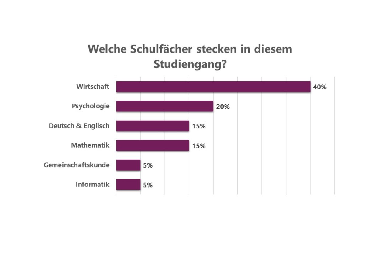Infografik: Ein Balkendiagramm zeigt die Verteilung von Schulfächern in einem Studiengang. Wirtschaft hat 40%, Psychologie 20%, Deutsch & Englisch 15%, Mathematik 15%, Gemeinschaftskunde 5% und Informatik 5%. Der Titel lautet: "Welche Schulfächer stecken in diesem Studiengang?"