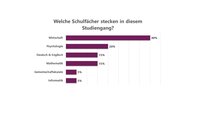 Infografik: Ein Balkendiagramm zeigt die Verteilung von Schulfächern in einem Studiengang. Wirtschaft hat 40%, Psychologie 20%, Deutsch & Englisch 15%, Mathematik 15%, Gemeinschaftskunde 5% und Informatik 5%. Der Titel lautet: "Welche Schulfächer stecken in diesem Studiengang?"