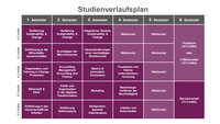 Infografik: Der Studienverlaufsplan zeigt Module für sechs Semester mit jeweils 6 Credits. Themen umfassen Sustainability, Mikroökonomie, Bioökonomie, Unternehmensrechnung, Datenanalyse und mehr. Im 6. Semester sind Praktikum oder Wahlmodule und die Bachelorarbeit vorgesehen.