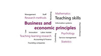 Infografik: Eine Wortwolke mit Begriffen wie 'Business and economic principles', 'Teaching skills', 'Psychology', 'Statistics' und weiteren, die verschiedene Bildungs- und Wirtschaftsthemen darstellen.
