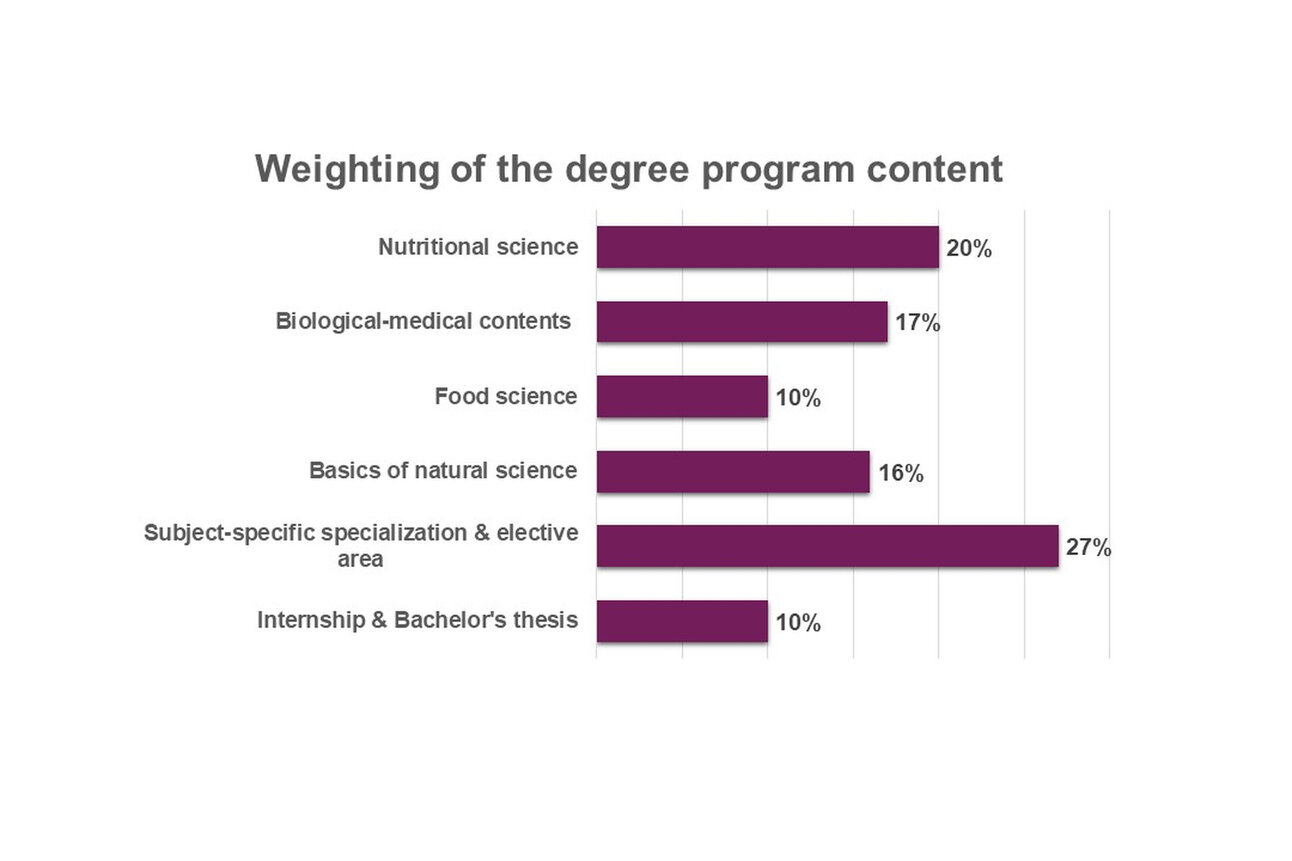 Infografik: Ein Balkendiagramm zeigt die Gewichtung der Studieninhalte. Ernährungswissenschaft 20%, biologisch-medizinische Inhalte 17%, Lebensmittelwissenschaft 10%, Grundlagen der Naturwissenschaft 16%, fachspezifische Spezialisierung und Wahlbereich 27%, Praktikum und Bachelorarbeit 10%.
