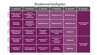 Infografik: Der Studienverlaufsplan zeigt Module für sechs Semester mit jeweils 6 Credits. Kurse umfassen Wirtschaftswissenschaften, Informatik, Datenanalyse und Wahlpflichtmodule. Im 6. Semester sind ein Abschlussprojekt und eine Bachelorarbeit vorgesehen.