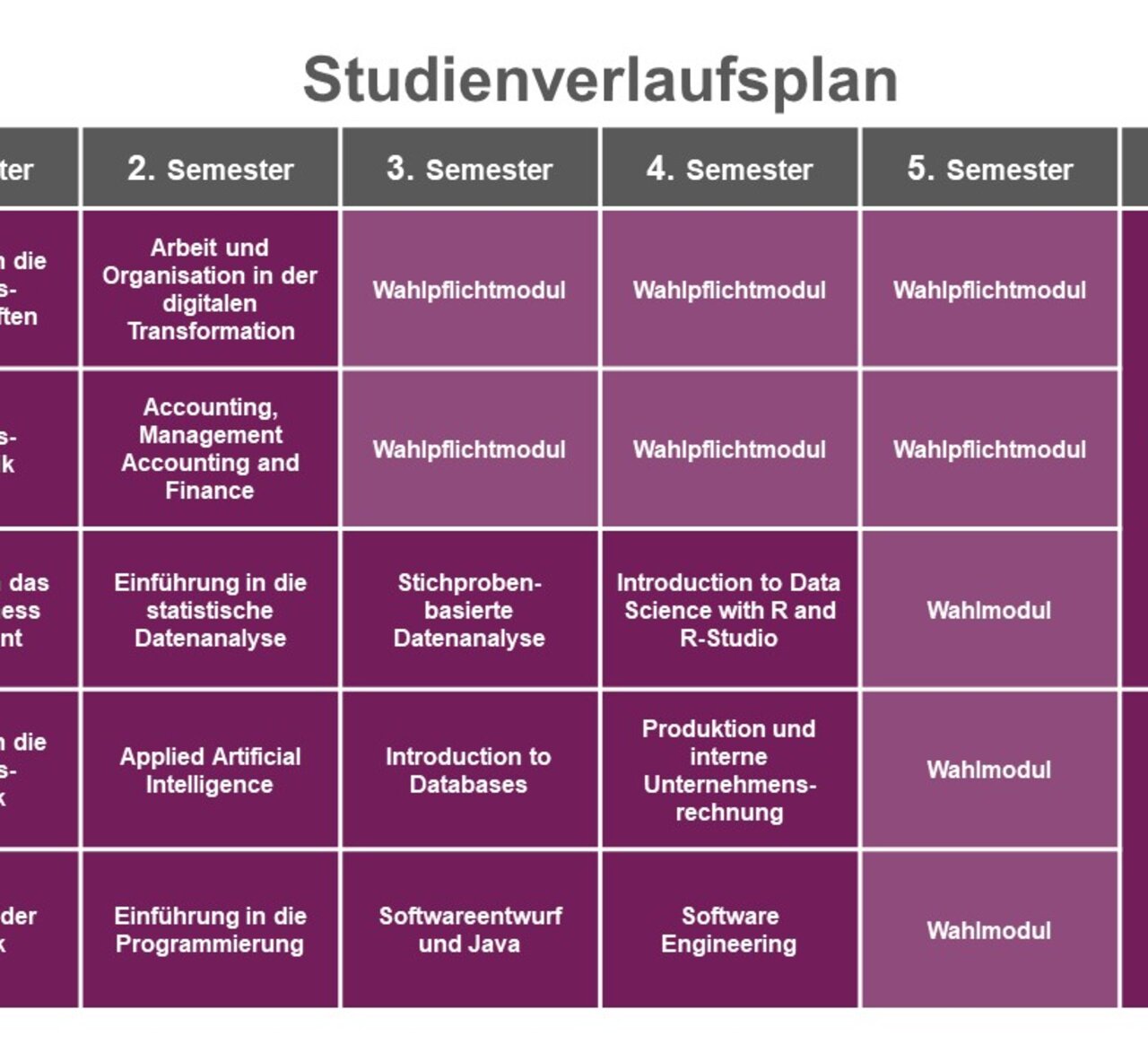 Infografik: Der Studienverlaufsplan zeigt Module für sechs Semester mit jeweils 6 Credits. Kurse umfassen Wirtschaftswissenschaften, Informatik, Datenanalyse und Wahlpflichtmodule. Im 6. Semester sind ein Abschlussprojekt und eine Bachelorarbeit vorgesehen.