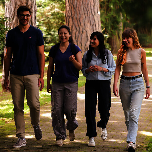 Foto: Vier Personen gehen auf einem gepflasterten Weg in einem Park, umgeben von hohen Bäumen und grüner Vegetation.