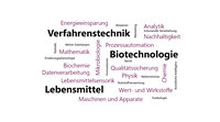 Infografik: Eine Wortwolke mit Begriffen wie "Verfahrenstechnik", "Biotechnologie", "Lebensmittel", "Mikrobiologie", "Qualitätssicherung", "Nachhaltigkeit", "Energieeinsparung", "Mathematik", "Biochemie", "Datenverarbeitung" und "Maschinen und Apparate".