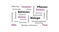 Infografik: Eine Wortwolke mit Begriffen aus der Biologie und Chemie. Wörter wie "Bakterien", "Pflanzen", "Proteine", "DNA", "Biologie", "Chemie", "Parasiten" und "Tiere" sind prominent. Weitere Begriffe umfassen "Zellbiologie", "Genomics", "Bioinformatik" und "Ökologie".
