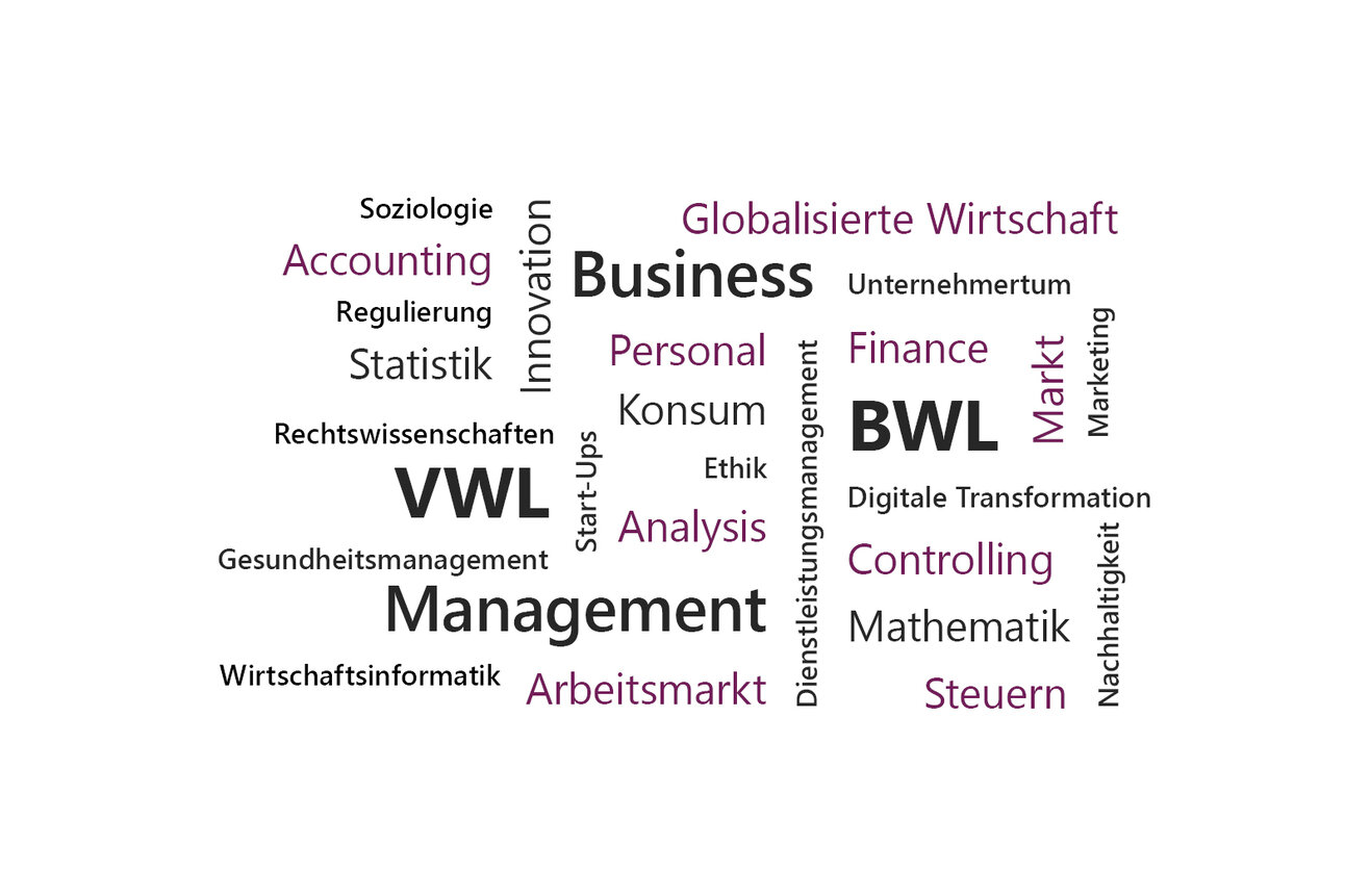 Infografik: Eine Wortwolke mit Begriffen aus Wirtschaft und Management. Enthalten sind Wörter wie BWL, VWL, Business, Management, Accounting, Finance, Controlling, Markt, Innovation, Statistik, Personal, und Globalisierte Wirtschaft.