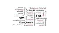 Infografik: Eine Wortwolke mit Begriffen aus Wirtschaft und Management. Enthalten sind Wörter wie BWL, VWL, Business, Management, Accounting, Finance, Controlling, Markt, Innovation, Statistik, Personal, und Globalisierte Wirtschaft.