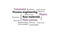 Infografik: Eine Wortwolke mit Begriffen wie Prozessingenieurwesen, Rohstoffe, Pflanzenwissenschaften, Physik, Biotechnologie, Nachhaltigkeit und mehr. Diese Begriffe beziehen sich auf wissenschaftliche und technologische Themen.