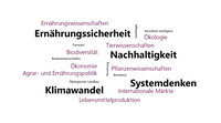 Infografik: Eine Wortwolke mit Begriffen wie Nachhaltigkeit, Ernährungssicherheit, Klimawandel, Systemdenken, Biodiversität, Pflanzenwissenschaften und Ökonomie. Die Begriffe sind in verschiedenen Schriftgrößen dargestellt.
