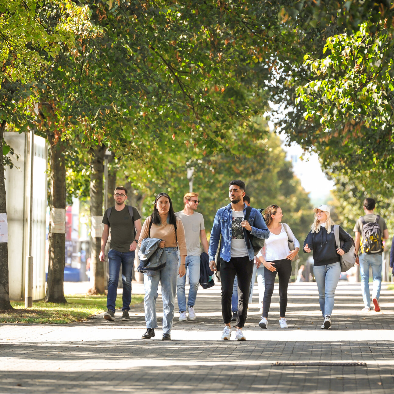 Foto: Eine Gruppe von Personen geht auf einem von Bäumen gesäumten Gehweg. Die Umgebung wirkt wie ein Campus oder Park. Einige Personen tragen Rucksäcke und Freizeitkleidung. Im Hintergrund sind weitere Personen und Bäume sichtbar.