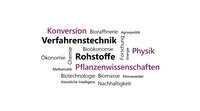 Infografik: Eine Wortwolke mit Begriffen wie "Verfahrenstechnik", "Rohstoffe", "Pflanzenwissenschaften", "Physik", "Biotechnologie", "Nachhaltigkeit" und "Künstliche Intelligenz". Diese Begriffe sind in verschiedenen Schriftgrößen und Farben dargestellt und thematisieren wissenschaftliche und technologische Konzepte.