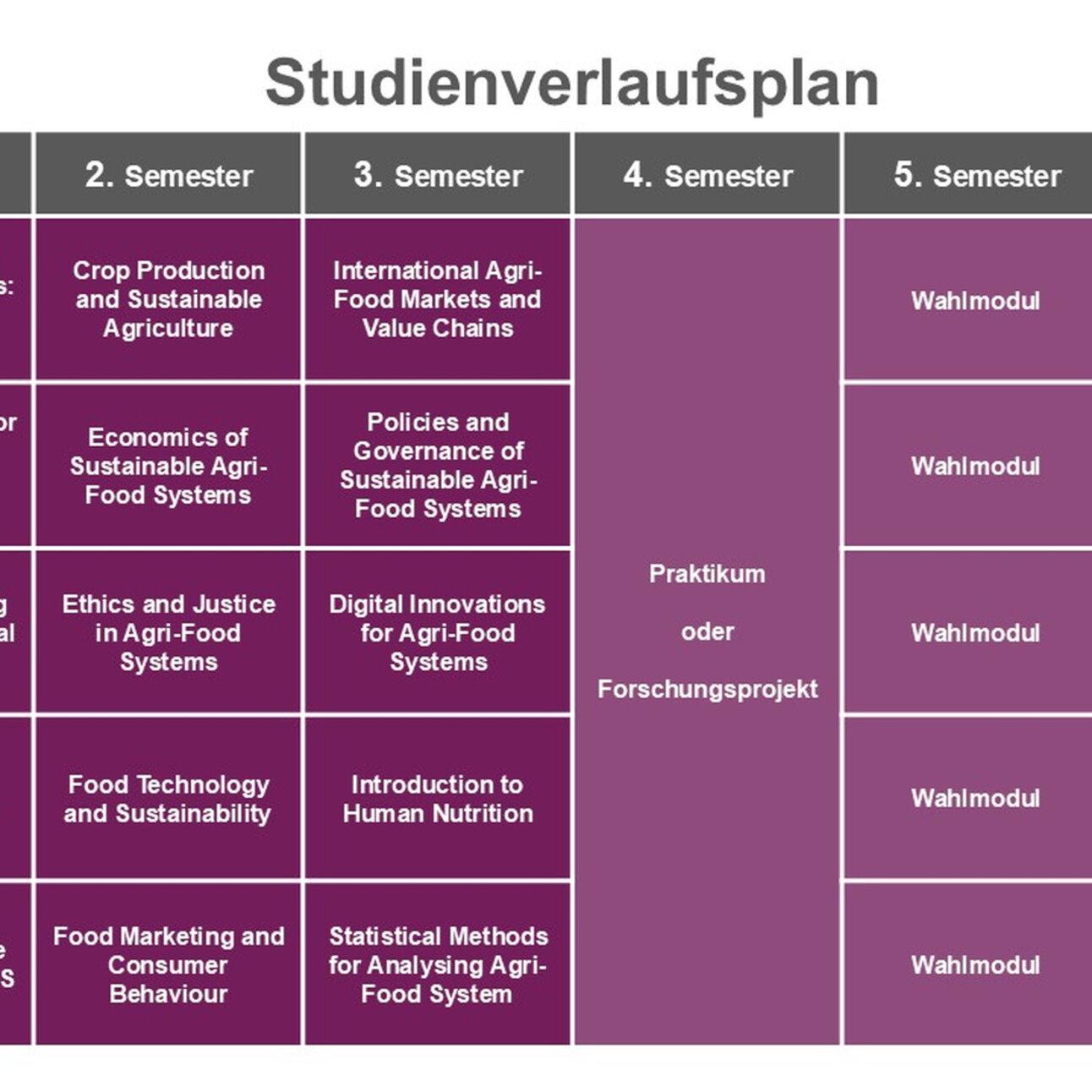 Infografik: Der Studienverlaufsplan zeigt Module für sechs Semester im Bereich Agrar- und Ernährungssysteme. Jedes Semester umfasst Module mit 6 Credits, darunter Themen wie Nachhaltigkeit, Tiergesundheit und Ernährungswissenschaft.