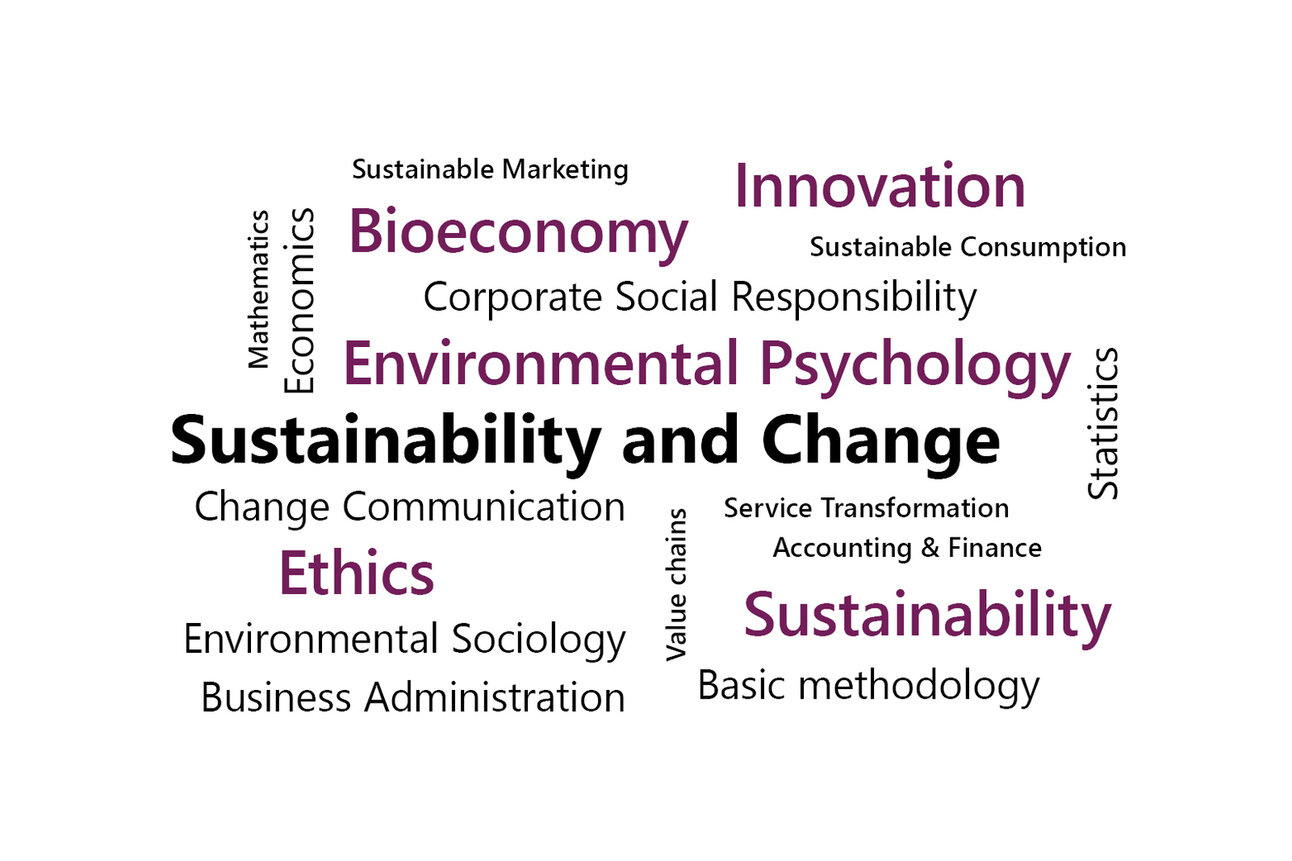 Infografik: Eine Wortwolke mit Begriffen wie 'Nachhaltigkeit und Wandel', 'Umweltpsychologie', 'Ethik', 'Innovation', 'Bioökonomie', 'Corporate Social Responsibility' und anderen, die Themen der Nachhaltigkeit und des Wandels darstellen.