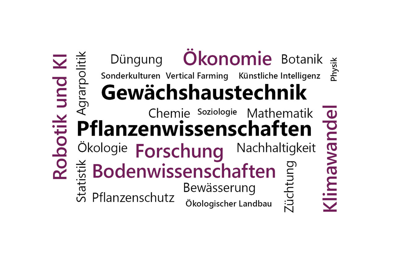 Infografik: Eine Wortwolke mit Begriffen wie Gewächshaustechnik, Pflanzenwissenschaften, Bodenwissenschaften, Ökonomie, Klimawandel, Robotik und KI, die landwirtschaftliche und wissenschaftliche Themen darstellen.