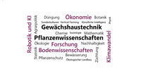Infografik: Eine Wortwolke mit Begriffen wie Gewächshaustechnik, Pflanzenwissenschaften, Bodenwissenschaften, Ökonomie, Klimawandel, Robotik und KI, die landwirtschaftliche und wissenschaftliche Themen darstellen.