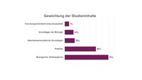 Infografik: Balkendiagramm zeigt die Gewichtung der Studieninhalte. Kategorien: Sustainability & Change 13%, Wirtschaftswissenschaften 20%, Sozialwissenschaften 10%, Methodische Grundlagen 17%, Profilbereich & Bachelorarbeit 40%. Titel: "Gewichtung der Studieninhalte".