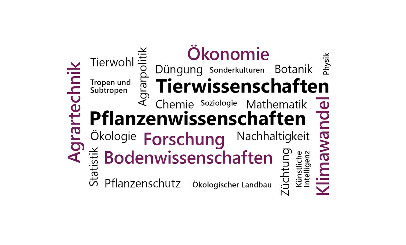 Infografik: Die Wortwolke zeigt Begriffe wie Pflanzenwissenschaften, Tierwissenschaften, Bodenwissenschaften, Klimawandel, Ökonomie, Agrartechnik, Nachhaltigkeit, und mehr. Diese Begriffe repräsentieren verschiedene wissenschaftliche Disziplinen und Themen.