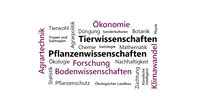 Infografik: Die Wortwolke zeigt Begriffe wie Pflanzenwissenschaften, Tierwissenschaften, Bodenwissenschaften, Klimawandel, Ökonomie, Agrartechnik, Nachhaltigkeit, und mehr. Diese Begriffe repräsentieren verschiedene wissenschaftliche Disziplinen und Themen.
