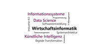 Infografik: Eine Wortwolke mit Begriffen wie "Wirtschaftsinformatik", "Künstliche Intelligenz", "Data Science", "Informationssysteme", "Softwareentwicklung", "Datenmanagement", "Systemarchitektur", "Digitale Transformation", "Industrie 4.0", "Programmierung" und "IT-Management".