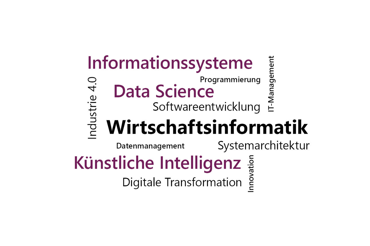 Infografik: Eine Wortwolke mit Begriffen wie "Wirtschaftsinformatik", "Künstliche Intelligenz", "Data Science", "Informationssysteme", "Softwareentwicklung", "Datenmanagement", "Systemarchitektur", "Digitale Transformation", "Industrie 4.0", "Programmierung" und "IT-Management".
